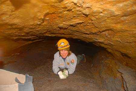 Lava Beds National Monument park ranger in a small opening